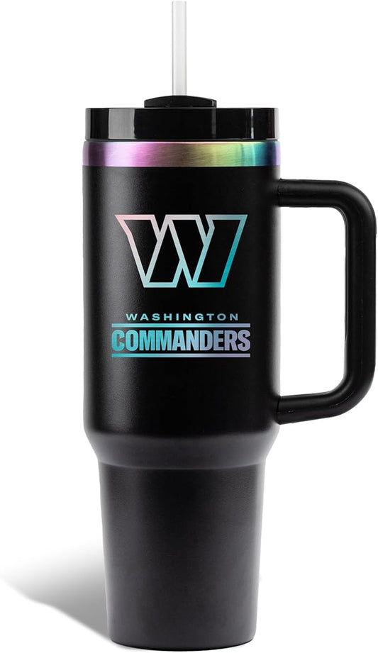 The Memory Company NFL 40oz Iridescent Tumbler - Double-Wall Vacuum Insulated Stainless Steel Water Bottle - Team Spirit Travel Cup with Handle, Lid and Straw, Hot and Cold Drink Container