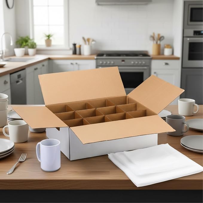 MotiMind 2 Sets Mug Moving Boxes with Divider Kits 17 x 13 x 6 Inches Mug Packing Shipping Box Kitchen Moving Boxes Storage Carrier with 18 Pcs Foam Pouches and Handles for Glasses Cup Wine Packing - Image 4