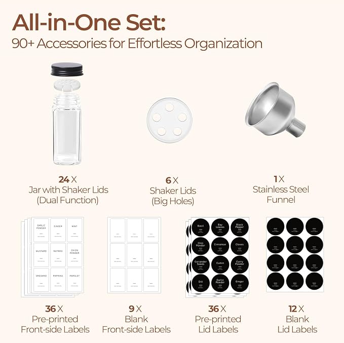 ComSaf Glass Spice Jars with with Labels 4 oz 24 Pack Small Square Bulk Set | Empty Containers, Seasoning Herb Powder, Salt Pepper Chili, Spice Rack Organization, Kitchen Cabinet Storage, Funnel Included - Image 4