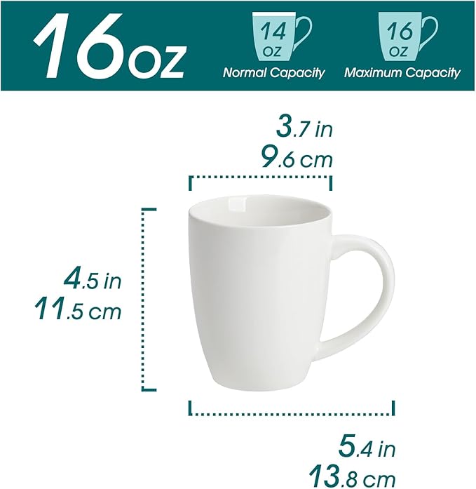 vancasso White Ceramic Coffee Mug Set of 6, 16 Oz Tea Cups with Handle for Latte, Tea, Cappuccino, Milk, Cocoa, Microwave&Dishwasher Safe - Image 2