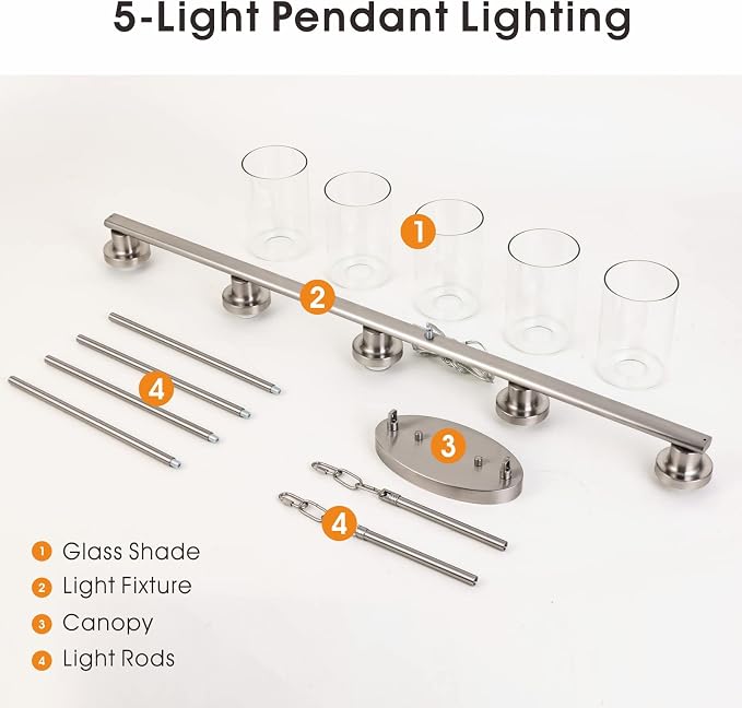 Kitchen Island Pendant Lighting, 5-Light Farmhouse Dining Room Light Fixture Over Table, Brushed Nickel Finish with Clear Glass Shade, Rustic Industrial Linear Chandelier for Kitchen Island - Image 6