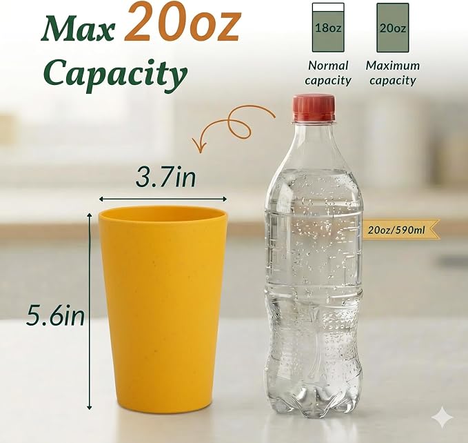 Homienly Reusable Plastic Cups - Wheat Straw Unbreakable Drinking Glasses & Water Glasses | Multi-Color Stackable Plastic Cups, Dishwasher Safe | Glassware & Cup Sets for Kitchen (20 oz 8-Pack) - Image 2