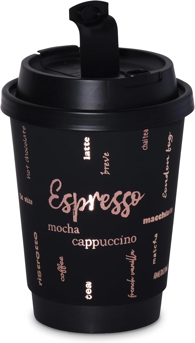 12oz Premium Disposable Coffee Cups, Double-Wall Insulated Paper Cups with Flip-Top Lids, No Sleeves Needed, To-Go Cups for Coffee, Tea, Hot Chocolate, Events, Rose Gold Print (Black, 60ct)