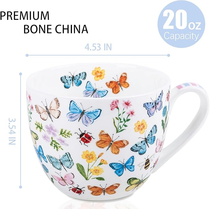 Colorful Butterfly Mug - 20oz Bone China Coffee Tea Hug Mug with Multicolor Butterflies, Ladybugs, Bees & Blooms, Perfect Gifts for Mom Women Mothers Day, Designed in England by Harvest Green Studio - Image 2