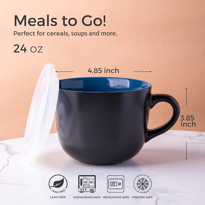 GBhome Jumbo Soup Mugs with Handles, 24 Oz Large Coffee Mugs Set of 4 | Ceramic Soup bowls for Soup Cereal Snacks Salad Noodles Cups, Microwave safe - Matte Black, Blue Inside - Image 2