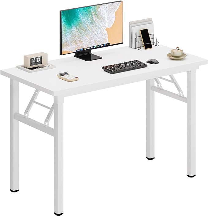 DlandHome 39.4 Inch Small Folding Computer Desk for Home Office, White | Foldable Writing Table for Small Spaces Bedroom, No Assembly Required, Wood Top Metal Frame, Collapsible Compact Easy Storage by DlandHome