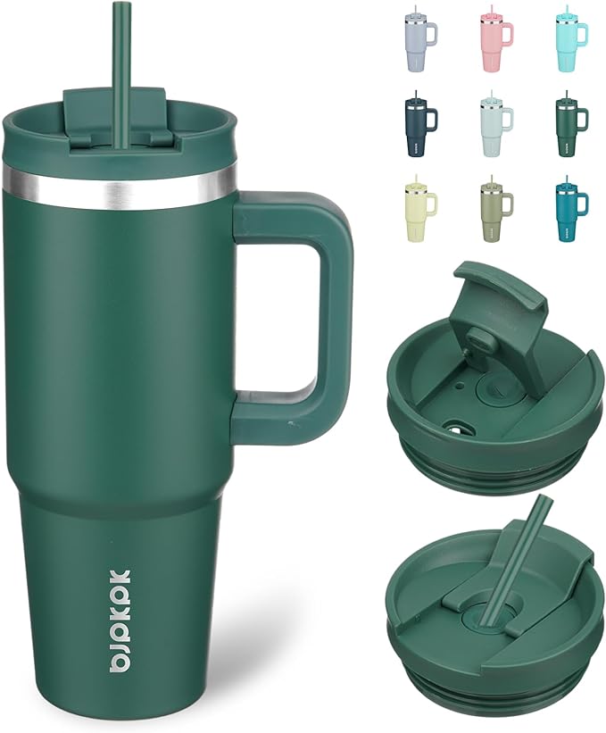 BJPKPK 30 oz Insulated Tumbler with Handle & Straw, Stainless Steel | Double Wall Vacuum Insulation, Leak Proof, BPA Free, Dishwasher Safe, Cupholder Friendly, Travel & Outdoor, Army Green by BJPKPK