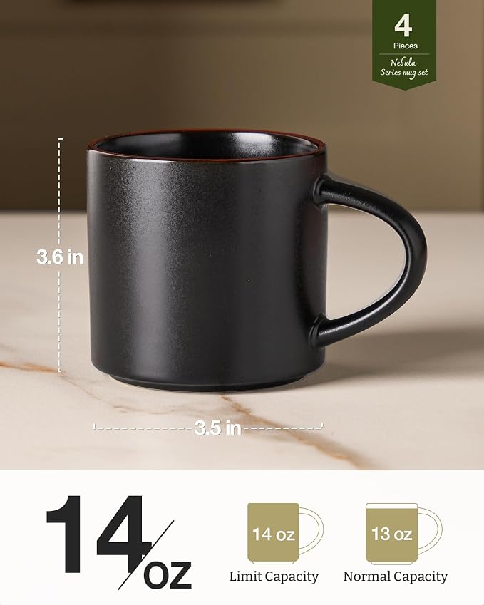 famiware Coffee Mugs Set of 4, Nebula 14oz Coffee Mugs, Ceramic Cup Set with Handle for Latte, Tea, Milk, Cappuccino, Cocoa, Matte Black - Image 4