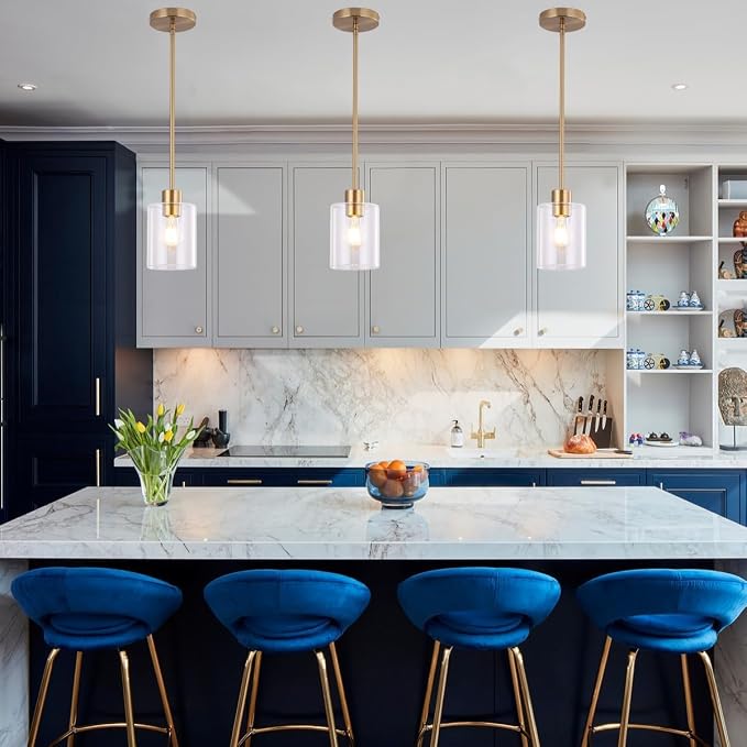 Brass Pendant Lights Kitchen Island - Gold Clear Glass Pendant Light Fixture Multiple Stems Rods 3 Units 12 Inch 3 Units 4 Inch (3 Pack Brass) - Image 2