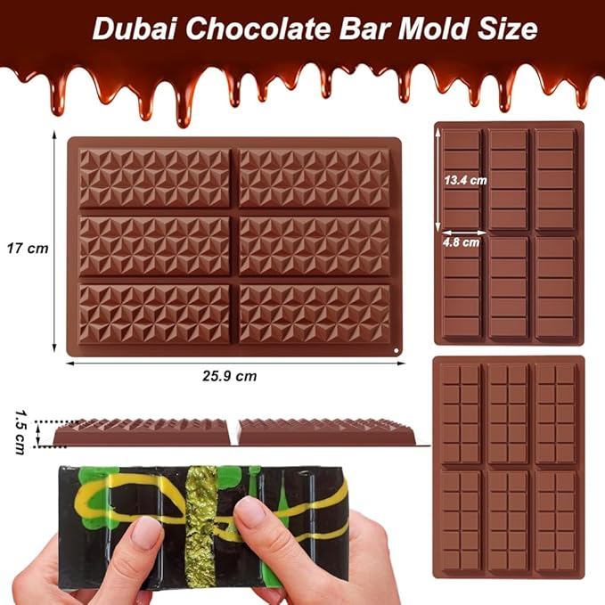 Dubai Chocolate Mold 3 Pack,0.5 Inch Deep Large and Thick Silicone Chocolate Bar Molds for Stuffed Bar,Big Chocolate Candy Bar Mold for Filling Knafeh Pistachio Chocolate Bar Kit