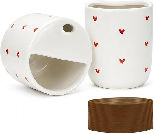 To Go Ceramic Coffee Cups with Lids, Romantic Red Hearts Ceramic Traval Mug with Sip Hole, 12oz Ceramic Sip Cups Pottery Travel Mug, Gifts For Him Her by KOIMYSA