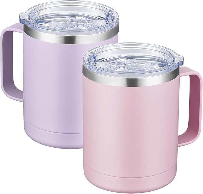 MEWAY 12oz Coffee Mug With Handle 2 Pack Bulk,Stainless Steel Insulated Travel Tumblers With Sliding Lid,Double Wall Vacuum Camping Cup for Hot & Cold Drinks Tea (Lilac&Pink,Set of 2) by MEWAY