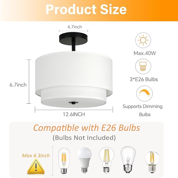Vexagyle 3-Light Semi Flush Mount Ceiling Light Fixture,12.6inch Modern Close to Ceiling Light with 2-Layer White Drum Fabric Shade,Entryway Light Fixture Ceiling Mount Lamps for Bedroom Dining Room - Image 2