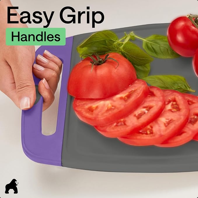 GORILLA GRIP BPA-Free Reversible Kitchen Cutting Board Set of 3, US Designed, Nonporous, Juice Grooves Catch Liquid, Slip Resistant Border, Dishwasher Safe, Durable Food Chopping Boards, Gray Purple - Image 8