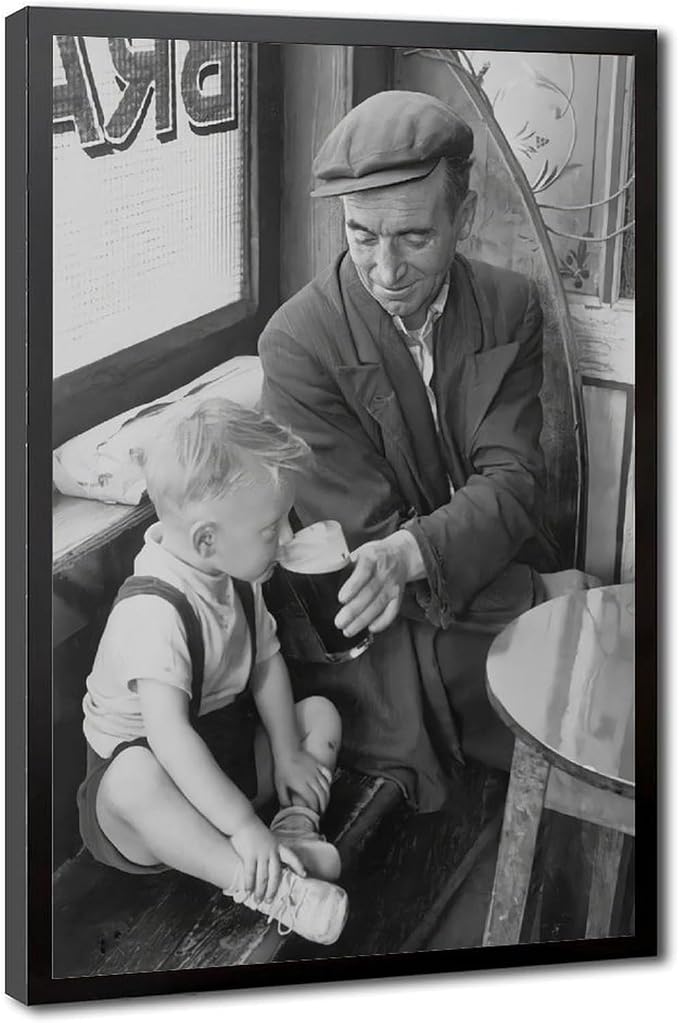 Boy Sipping First Beer, Father And Son at The Bar 1950s, Black And White Retro Pub Poster Canvas Poster Wall Art Decor Print Picture Paintings for Living Room Bedroom Decoration Black Frame 16x24in(40 by Unknown