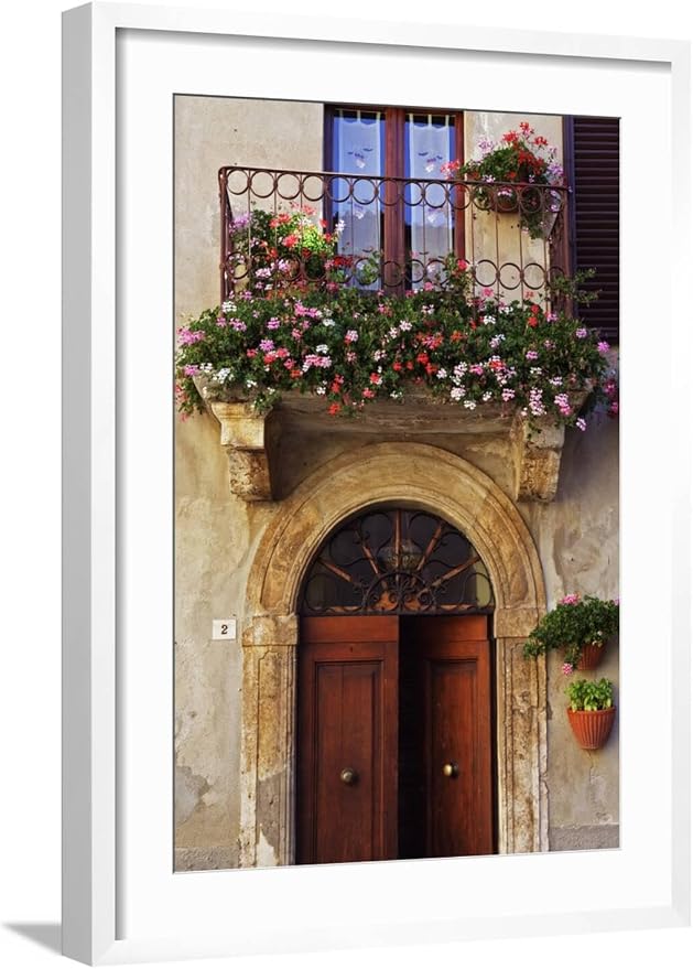 ART.COM Wall Photo Balcony Flowers and Doorway in Pienza Tuscany Italy on White Frame by Julian Castle, 21" x 29" by ART