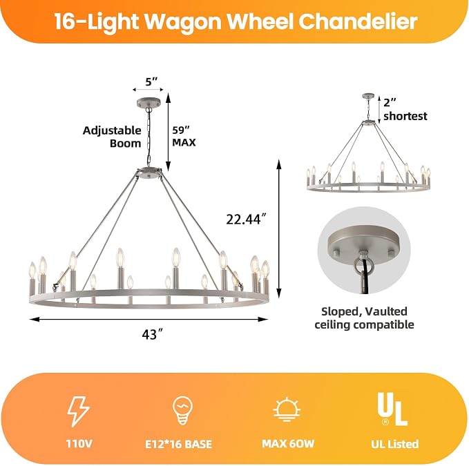 WJShome 16-Light Silver Wagon Wheel Chandelier Farmhouse, 43" Extra Large Chandeliers for High Ceilings, Rustic Round Chandeliers for Dinning Room, Kitchen Island, Entryway, Foyer, Living Room,Bedroom - Image 3