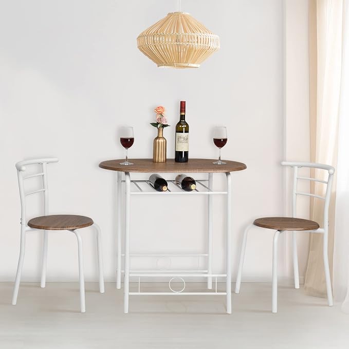 VINGLI 3 Piece Dining Set,Small Kitchen Table Set for 2,Breakfast Table Set,Kitchen Wooden Table and 2 Chairs for Small Space/Dining Room/Apartment,Metal Frame,Wine Rack,White&Warm Oak - Image 2