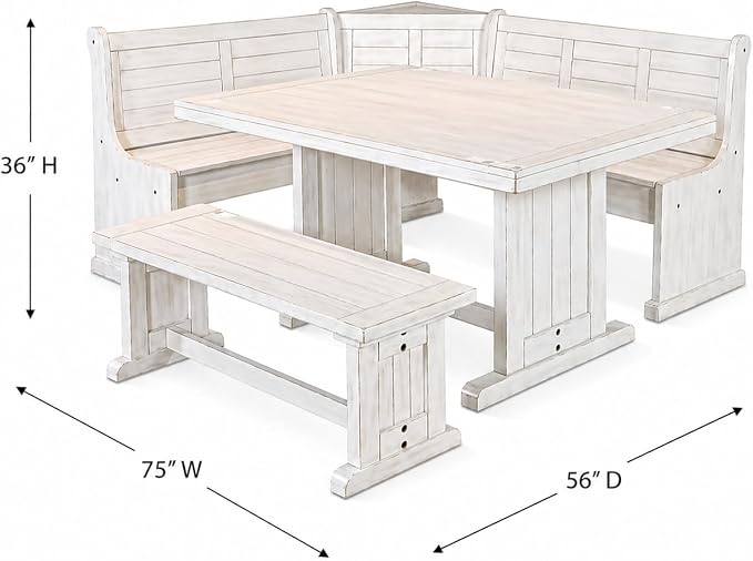 Pemberly Row 75" x 56" Farmhouse Wood Breakfast Nook Set with Table, Storage, Reversable Benche, L-Shaped Corner Bench, for Dining Room, in Marble White Finish - Image 4