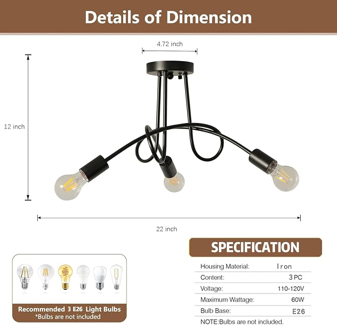 Modern Farmhouse Chandelier,22 Inch 3 Light Sputnik Semi Flush Mount Ceiling Light, Metal Black Rustic Light Fixture for Dining Room Bedroom Kitchen Hallway Entryway - Image 4