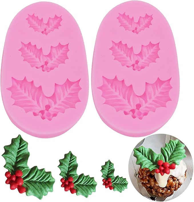 2 Pieces Christmas Holly Leaves Silicone Mold Leaf Shaped Fondant Mold Chocolate Dessert Molds for Baking Chocolate Candy Sugar Cake Decorations Polymer Clay Wax DIY Crafts