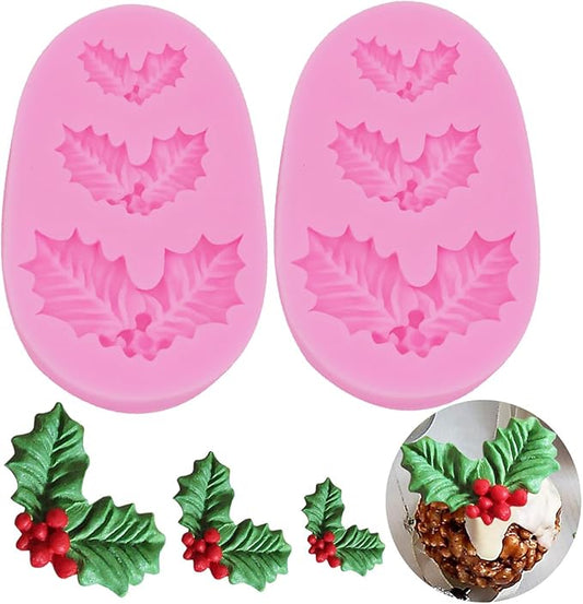2 Pieces Christmas Holly Leaves Silicone Mold Leaf Shaped Fondant Mold Chocolate Dessert Molds for Baking Chocolate Candy Sugar Cake Decorations Polymer Clay Wax DIY Crafts