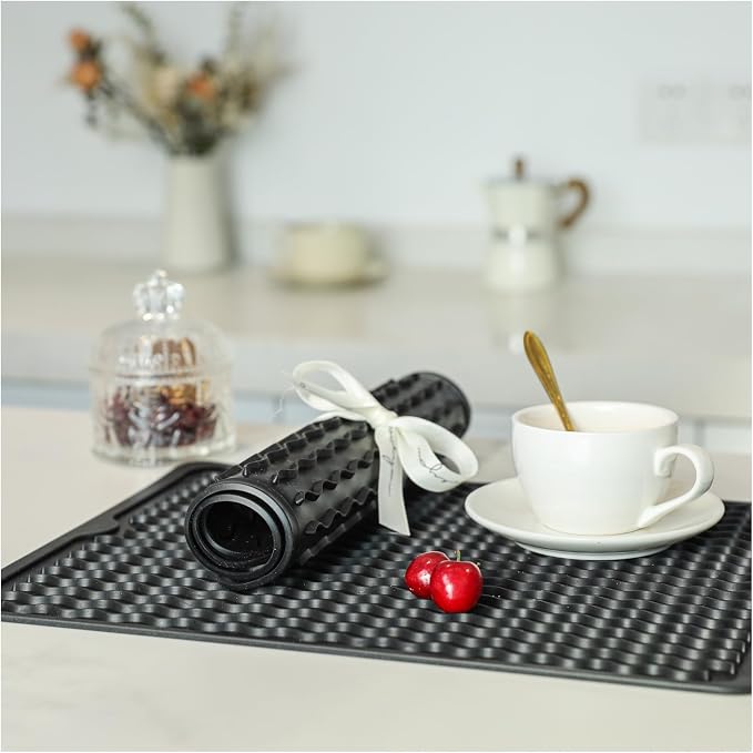 2 Pack Caketime Silicone Dish Drying Mat for Kitchen Counter Cooking Baking Coffee Bar Hot Pads Accessories Dining Home Essentials Under Sink Protector Organizers Stone Rack Trays Drain Black - Image 2