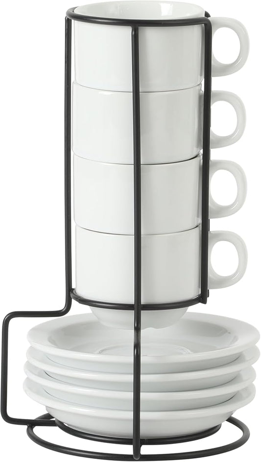 Gibson Home Gracious Dining 3-Ounce Espresso Cups Set of 4, Small Stackable Coffee Cups with 4 Saucers, Metal Stand, Ceramic Demitasse Mugs, Espresso Accessories for Machine by GibsonHomewares