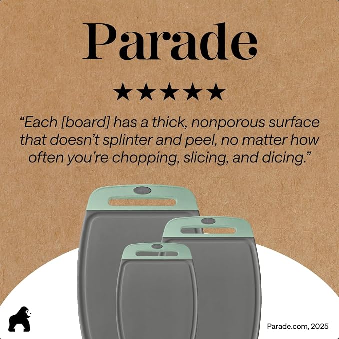 GORILLA GRIP BPA-Free Reversible Kitchen Cutting Board Set of 3, US Designed, Nonporous, Juice Grooves Catch Liquid, Slip Resistant Border, Dishwasher Safe, Durable Food Chopping Boards, Gray Mint - Image 9
