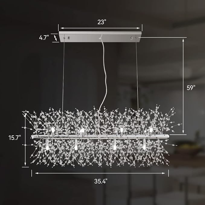 Modern Chrome Crystal Firework Chandelier Linear Lighting Fixtures | 35.5" Sputnik Ceiling Light Fixture Rectangular Hanging Pendant Light for Kitchen Island Dining Room Living Room 12-Lights - Image 7