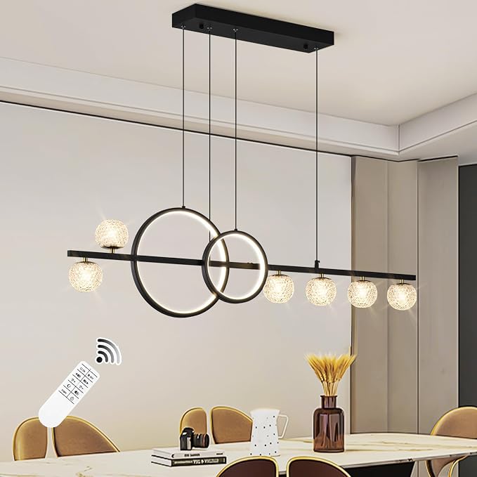 ORANOOR Modern Black Gold Chandeliers, 47inch Dimmable LED Pendant Light | Linear LED Chandelier for Dining Room Kitchen Island, Upgraded 6 Globe Hanging Pendant Chandeliers Lighting (2 Rings, 4200lm) by ORANOOR