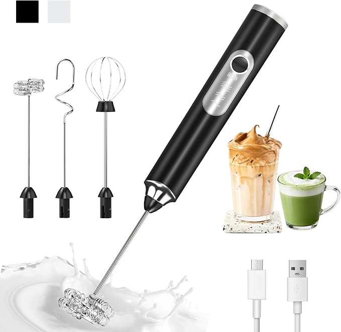 Milk Frother Handheld, 3-Speed Frother Wand USB-C Rechargeable, with 3 Detachable Whisks, Coffee Frother for Coffee,Latte, Cappuccino, Matcha, Hot Chocolate & Eggs, Electric Whisk Drink Mixer (Black)
