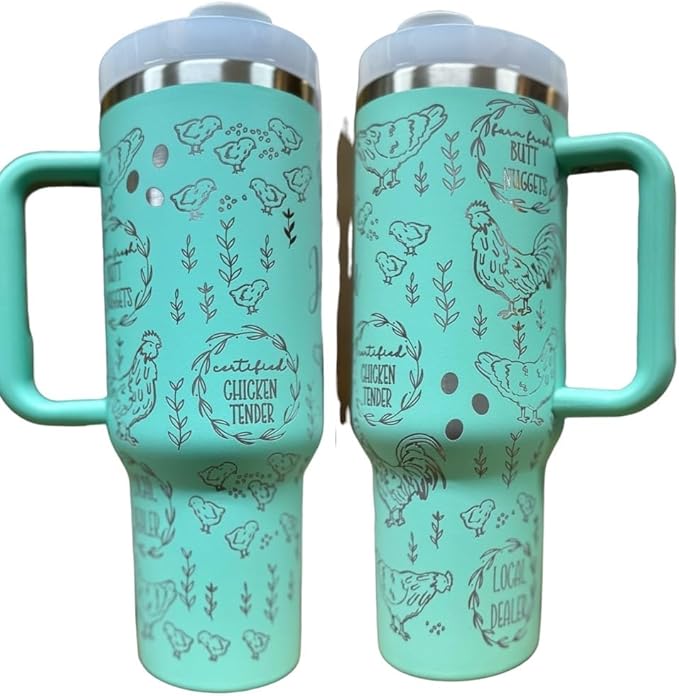 Western Engraved 40oz Tumbler, Tumbler with handle, Cowgirl Tumbler, Country Mug with Handle (Mint(6)-Chicken(B32))