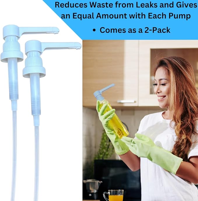 Dual Fitting Pump Dispenser for Gallon Jugs and Smaller Bottles (8cc Each Pump/Fits 28-400 and 38-400) Leak Proof for Household and Commercial Use, Plastic Pump for 1 Gallon Jug - BPA Free (2-Pack)