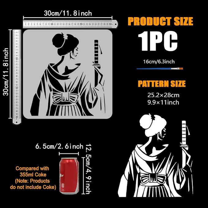 FINGERINSPIRE Eastern Samurai Woman Stencil with Paint Brush 11.8x11.8inch Reusable Swordswoman Drawing Template Female Samurai with Sword Pattern Stencil for Painting on Wood Wall Fabric Furniture - Image 2