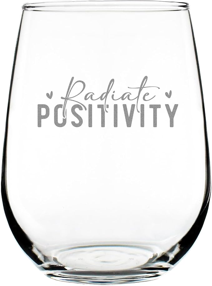 Radiate Positivity Stemless Wine Glass, Hand Engraved Etched Motivational Glassware, Good Vibes for Her by Make+Your+Mark+Design
