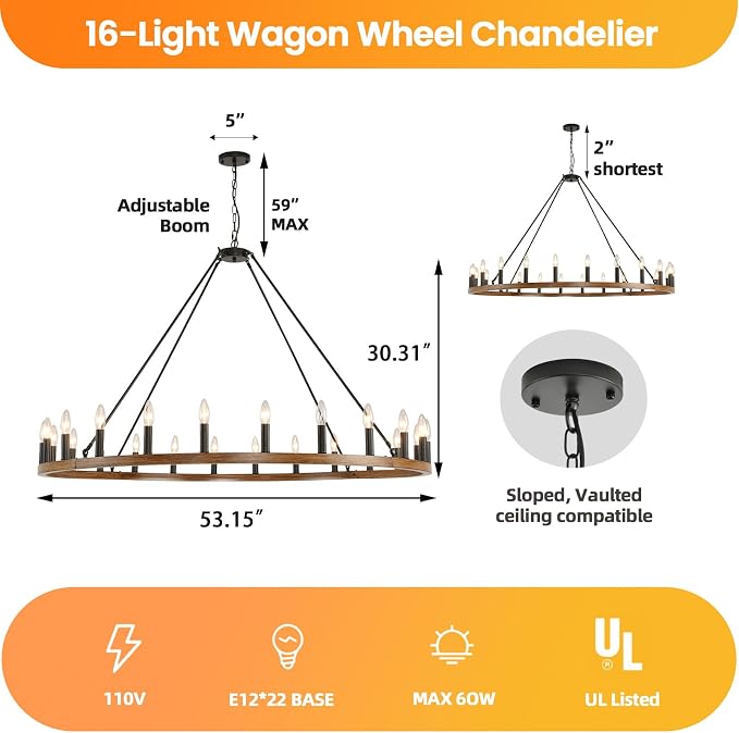 WJShome 24-Light Black and Khaki Wagon Wheel Chandelier, 54" Large Chandeliers for High Ceilings, Farmhouse Dining Room Light Fixture, Modern Chandeliers for Living Room, Foyer, Entryway - Image 3