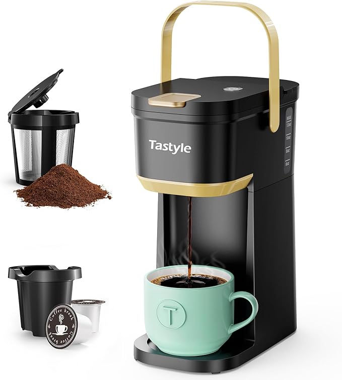 Tastyle Mini Single Serve Coffee Maker for K Cups and Grounds with Handle | for Travel, Camping, Office, RV and Dorm, Portable Handle, 120V, 6 to 12 Oz Brew Size, BPA Free, K302, Black and Gold by Tastyle