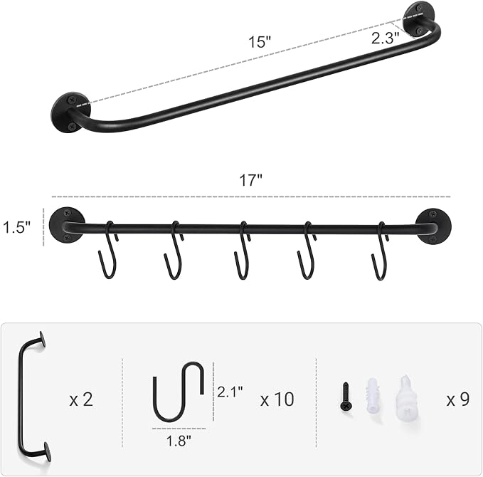 Mkono Mug Holder Wall Mounted Coffee Cup Rack Hanger Modern Metal Wall Rack with 15 Mug Hooks Rustic Utensil Tea Cups Storage Organizer for Kitchen Dining Room Coffee Bar, Set of 3, Black | Kitchen Rod, Space Saving, Easy Assembly, Wall & Under Cabinet... - Image 6