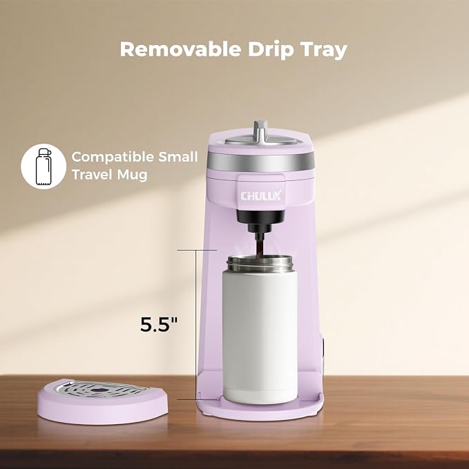 CHULUX Mini Single One Cup Coffee Maker for K Pod, Auto Shut Off, Lavender | Fast-Heating Boiler System, Single Cup Brewing, Portable Compact Design, Four-Hole Multi-Stream Needle, Adjustable Drip Tray - Image 8