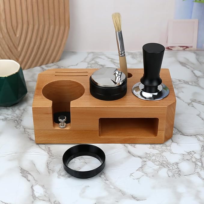 Espresso Tamping Station With Tools - 51, 53, 54 mm - Includes Tamper, Distributor, Dosing Funnel & Brush - Wooden Coffee Tamper Station - Espresso Organizer Portafilter Holder, Gift for Mom Dad Wife