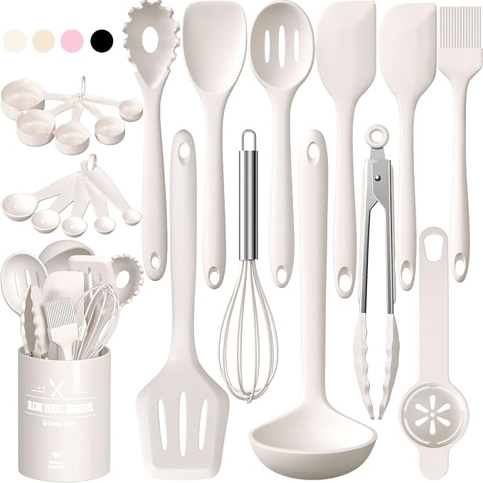 Kitchen Utensils Set, Umite Chef 22Pcs Silicone Cooking Utensils Set, Heat Resistant Silicone Kitchen Spatulas Set with Holder, White Cooking Gadgets Tools Set for Nonstick Cookware, Dishwasher Safe by UmiteChef
