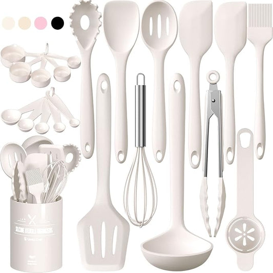 Kitchen Utensils Set, Umite Chef 22Pcs Silicone Cooking Utensils Set, Heat Resistant Silicone Kitchen Spatulas Set with Holder, White Cooking Gadgets Tools Set for Nonstick Cookware, Dishwasher Safe by UmiteChef