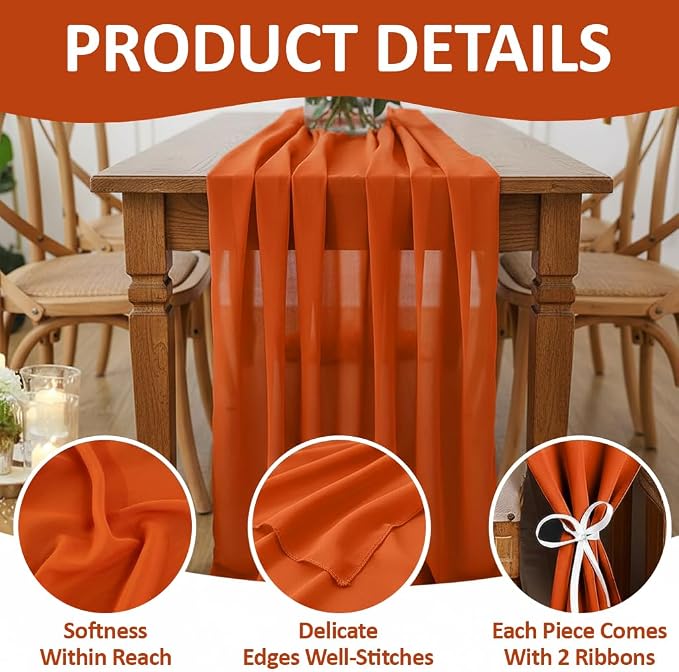 Pack of 10 | Brunt Orange | 10ft Chiffon Table Runner 29x120 Inches Long Romantic Rustic Sheer Gauze Runner for Wedding Bridal Shower Birthday Banquets Engagement Spring Easter Boho Decorations - Image 5