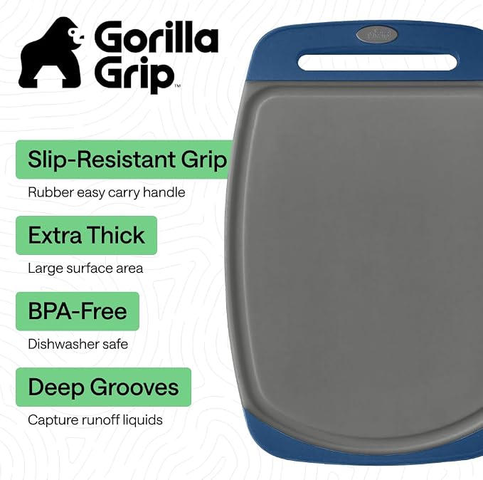 GORILLA GRIP BPA-Free Reversible Kitchen Cutting Board Set of 3, US Designed, Nonporous, Juice Grooves Catch Liquid, Slip Resistant Border, Dishwasher Safe, Durable Food Chopping Boards, Gray Blue - Image 2