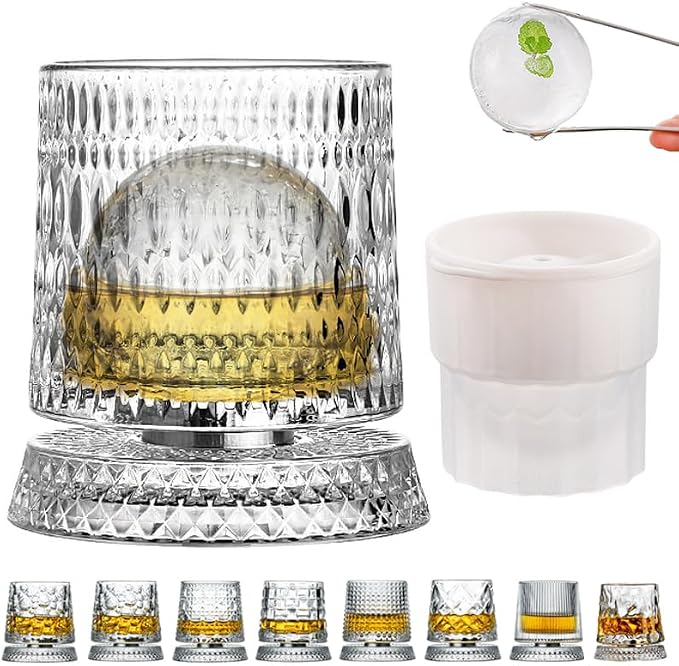 360 Degree Rotating Whiskey Glass Set with Ice Ball Mold, Crystal Clear Bourbon Scotch Glassware for Men, Fun & Novelty Gifts (Pattern 9) by GOWARM