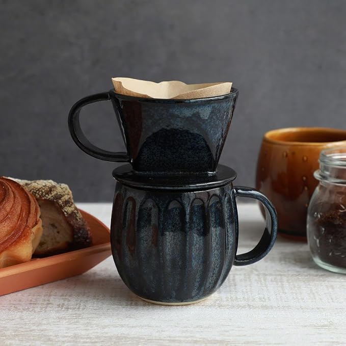Asayu Japan Ceramic Coffee Pour Over Maker Set in Dark Navy Blue, Slow Brewing Paper Filter Holder and Dripper with 3 Holes for Coffee and Tea - Coffee Dripper Cone