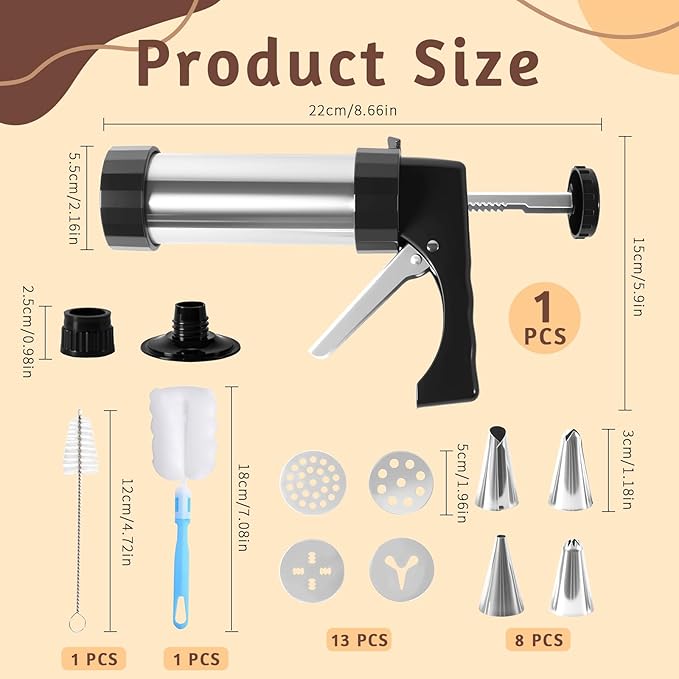 Stainless Steel Cookies Press Set, Churro Maker Machine, Cookie Press Gun Kit with 13 Cookie Discs, 8 Piping Tips and 2 Clean Brushes for DIY Biscuit/Cake Maker and Decorating Baking Supplies