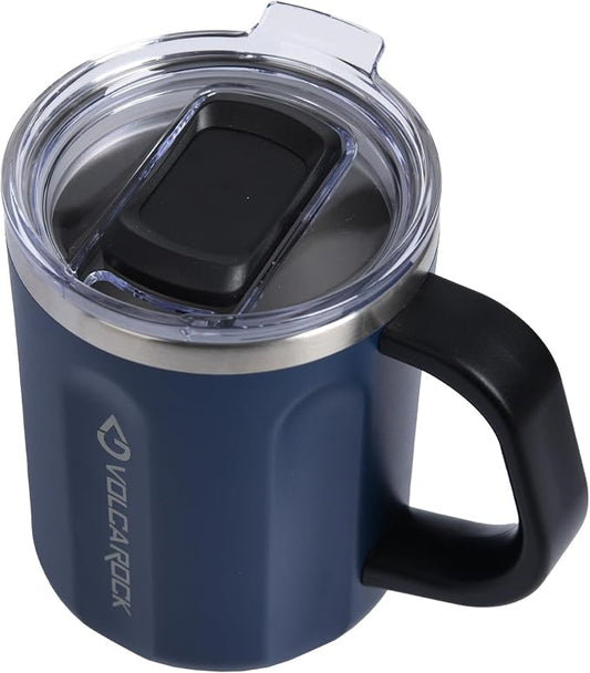 16 oz Stainless Steel Coffee Mug Cup with Handle, 16 oz Double Wall Vacuum Insulated Travel Mug Tumbler With Clear Slider Lid, Insulated Camping Tea Flask for Hot & Cold Drinks (Navy Blue) by VOLCAROCK