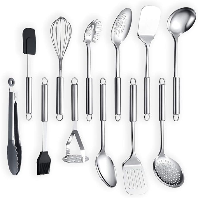 Berglander Cooking Utensil Set 12 Piece Stainless Steel Kitchen Tool Set, Include Cooking Spoon, Spatula, Whisk, Cooking Tong and etc (12 Pieces) by Berglander
